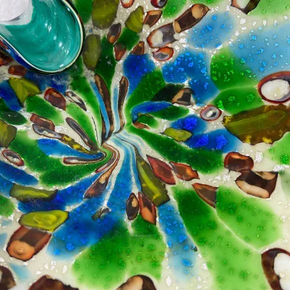 Vintage Mid century  Murano Italian Colorful Confetti Glass Bowl Teal Silver - Picture 6 of 12